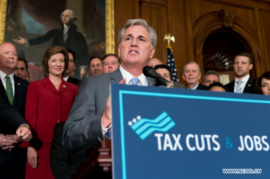 U.S. House Majority Leader Kevin McCarthy addresses a news conference after the House passed tax cut plan on the Capitol Hill in Washington D.C. Nov. 16, 2017. The U.S. House on Thursday approved its version of tax cut plan in an along-party-line vote and delivered a major legislative achievement. (Xinhua/Ting Shen)