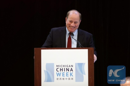Detroit Mayor Mike Duggan speaks during the opening of the Michigan China Week in Detroit, the United States, on May 7, 2018. (Xinhua/Wang Ping)
