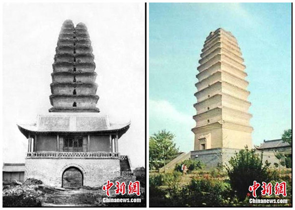 The Small Wild Goose Pagoda before (L) and after (R) the 1963-1965 renovation