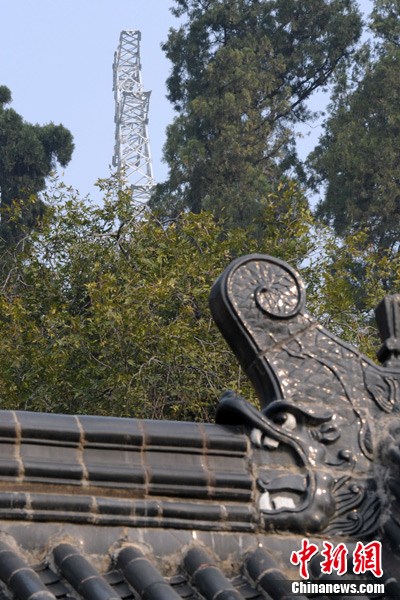 The high-tension iron tower and a tip of the temple