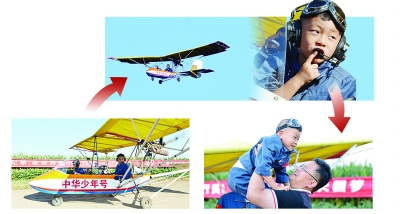 This combo photo shows Duoduo, a five-year-old boy, successfully pilots a plane across the Beijing Wildlife Park on Saturday. (Photo provided by Duoduo's father He Liesheng)