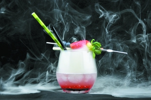 The Halloween drink, a mixture of white and red liquid that stay separate, like brains and blood.