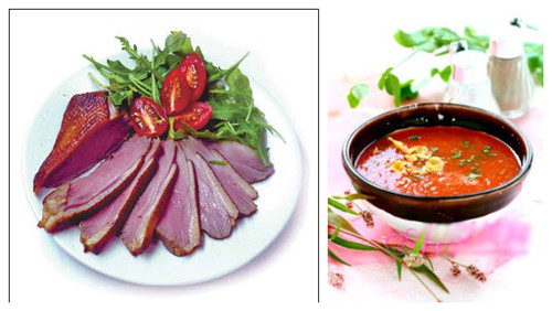 Tea-Smoked Duck(left)and Green Tea and Tomato Soup.