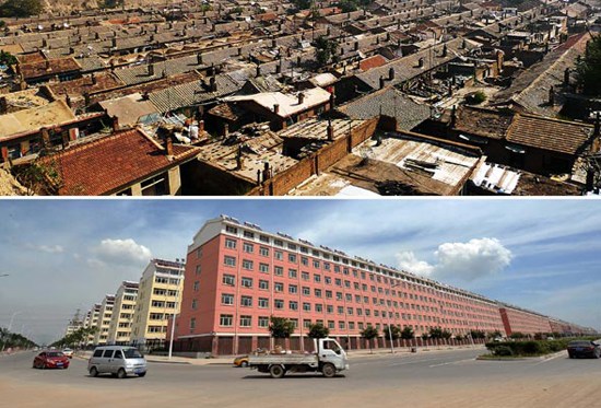 The old shanty towns in Datong city (top) and one of the shanty town renewal projects, Anruili community (bottom), August 10, 2012. [Photo/Xinhua]  