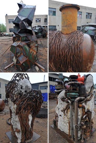 Creative sculptures made from discarded industrial parts in Datong Cultural and Creative Industries Park for Industrial Sites, August 11, 2012, Datong city. [Photo/Xinhua] 