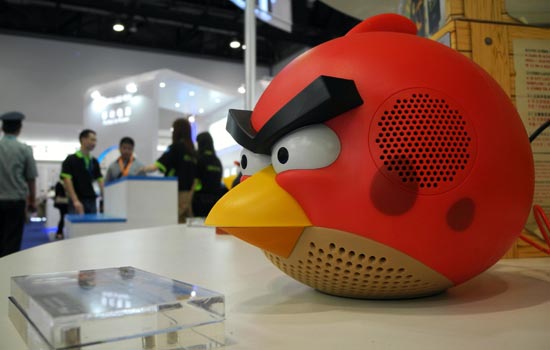 An Angry Bird-shaped electronic device on show at the Macworld Asia 2012 expo in Beijing. Its producer, Rovio Entertainment Ltd, set an ambitious target of a billion fans for the popular game via its Shanghai-based brick-and-mortar store, but sales have n