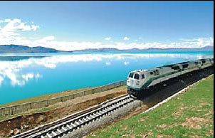 A train travels along the Tsonag Lake, one of the highest freshwater lakes, located in northern Tibet. The Qinghai-Tibet Railway linking Lhasa and Xining, Qinghai province, became fully operational in 2006. Xinhua