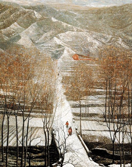 Fan Miao's oil painting largely depict his hometown at the foot of Taihang Mountain. Photo provided to China Daily