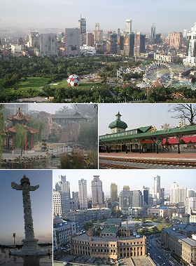 Clockwise from top: Dalian's Skyline, Lshun Station, Zhongshan Square, Xinghai Square, and Laodong Park [wikipedia.org]