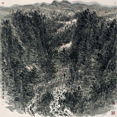 Ink painter Cui Zhenkuan captures the relationship between humans and nature with his unique brushstrokes, which is highlighted in his ongoing solo show in Beijing. (Photo provided to China Daily)