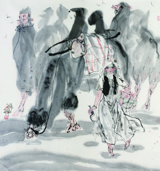 Lin Feng's ink paintings mostly reveal the lives and culture of Chinese ethnic groups. (Photo provided to China Daily)