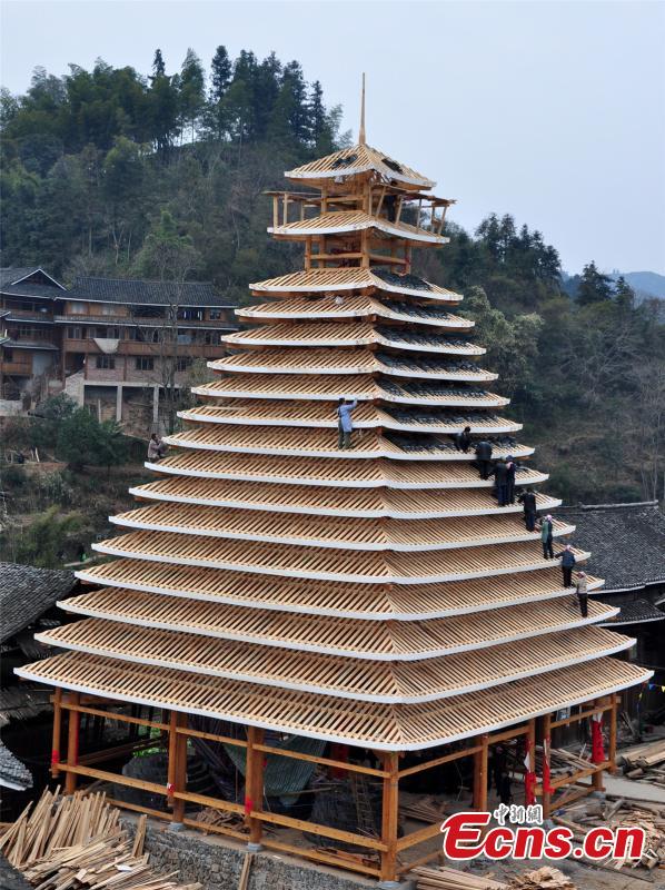 villagers build drum tower for spring festival (1