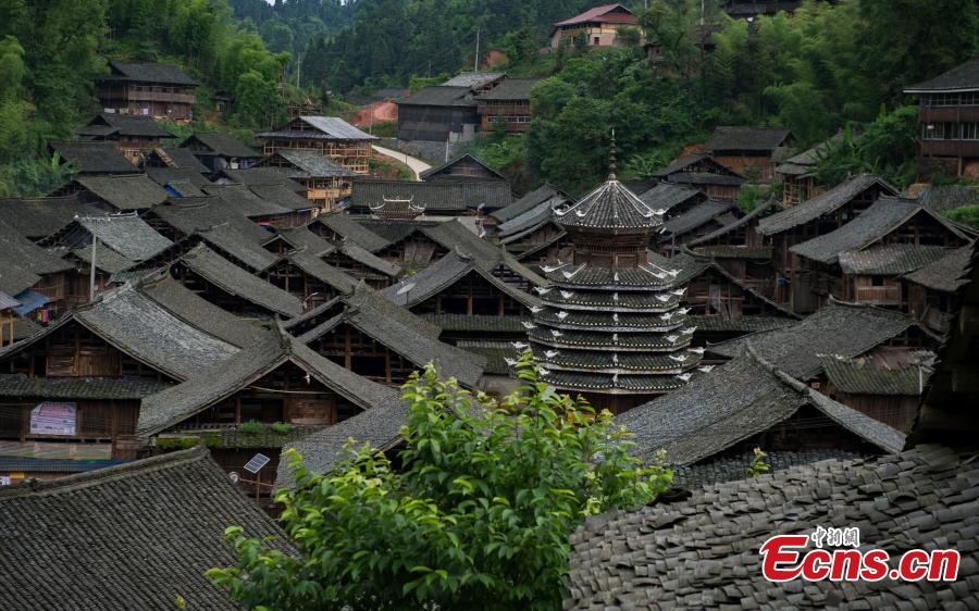 Buildings in Zaidang Dong Village, Rongjiang County, Southwest China’s Guizhou Province, May 31, 2016. The village of Dong people has well-preserved architecture built during the Qing Dynasty (1644-1911), including a 12-meter-high drum uilding. The village is also known for the ethnic group’s unique folk chorus. (Photo: China News Service/He Junyi)