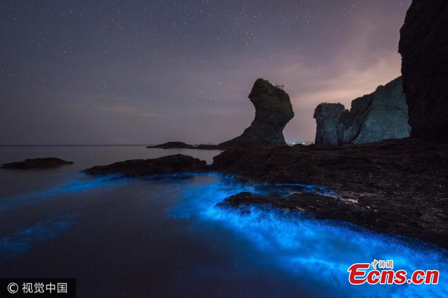 The blue glow from bioluminescent plankton light up the Xiaoheishi sea area off the coast of China’s Dalian, Northeast China\'s Liaoning province in May, 2017. (Photo/CFP)