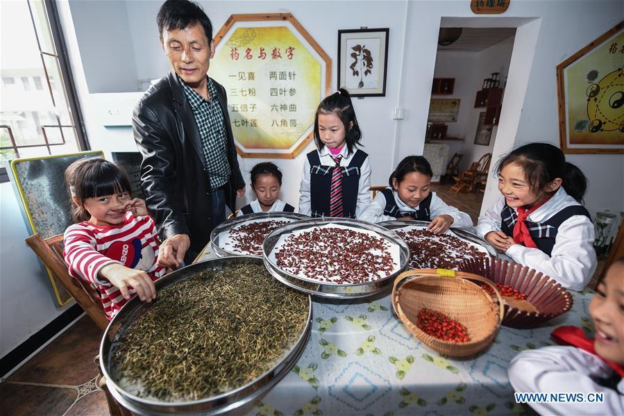 
Students learn to identify herbal medicine under the instruction of their teacher at Baixian Central School in Changxing County, east China\'s Zhejiang Province, Nov. 3, 2017. A thematic education activity was held on Friday at the primary school, the county\'s traditional Chinese medicine (TCM) education base. More than 180 species of TCM were planted in the school\'s plantation. (Xinhua/Xu Yu)