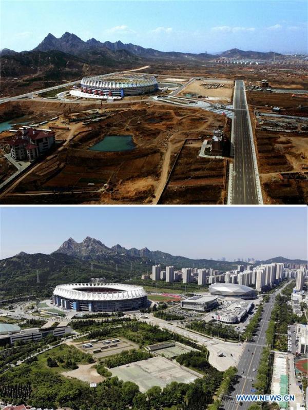 Combined photos show aerial views of Qingdao Sports Center in Qingdao, east China\'s Shandong Province, taken respectively in 2000 (upper) and on May 13, 2018. Development of the coastal city can be seen from the file photos of Qingdao taken by photographer Zhang Yan on a helicopter since 1996 and the new ones taken by drones. Qingdao, as one of the first Chinese cities to open up, was an important port for the Belt and Road, and that people could sense the extensive, profound local culture and the vitality of China\'s reform and opening-up. (Xinhua/Zhang Yan, Li Ziheng)