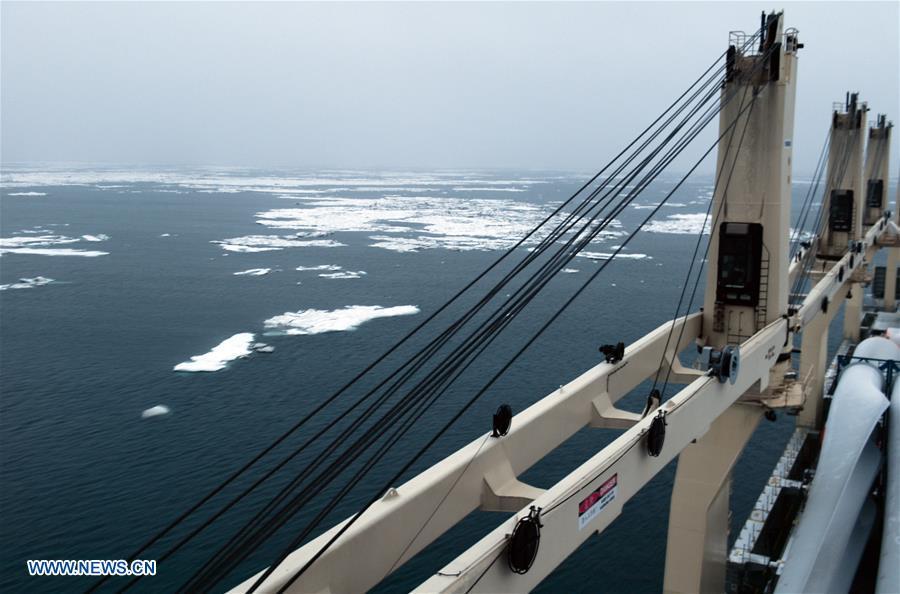 Photo taken on Aug. 20, 2018 shows the outdoor scene of Tian En vessel of China\'s COSCO Shipping Specialized Carriers Co., Ltd. during its journey among floating ices through the \