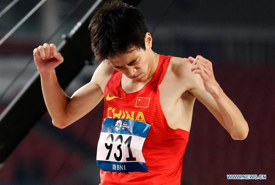 Wang Yu of China celebrates after the men\'s high jump final of athletics at the Asian Games 2018 in Jakarta, Indonesia on Aug. 27, 2018. (Xinhua/Wang Lili)