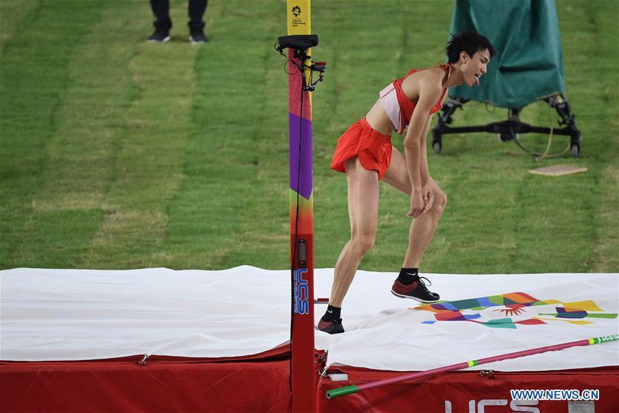 Wang Yu of China reacts during the men\'s high jump final of athletics at the Asian Games 2018 in Jakarta, Indonesia on Aug. 27, 2018. (Xinhua/Du Yu)