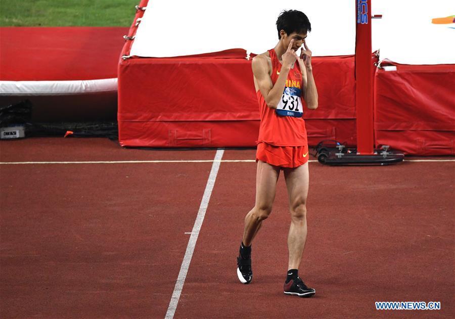 Wang Yu of China reacts during the men\'s high jump final of athletics at the Asian Games 2018 in Jakarta, Indonesia on Aug. 27, 2018. (Xinhua/Du Yu)