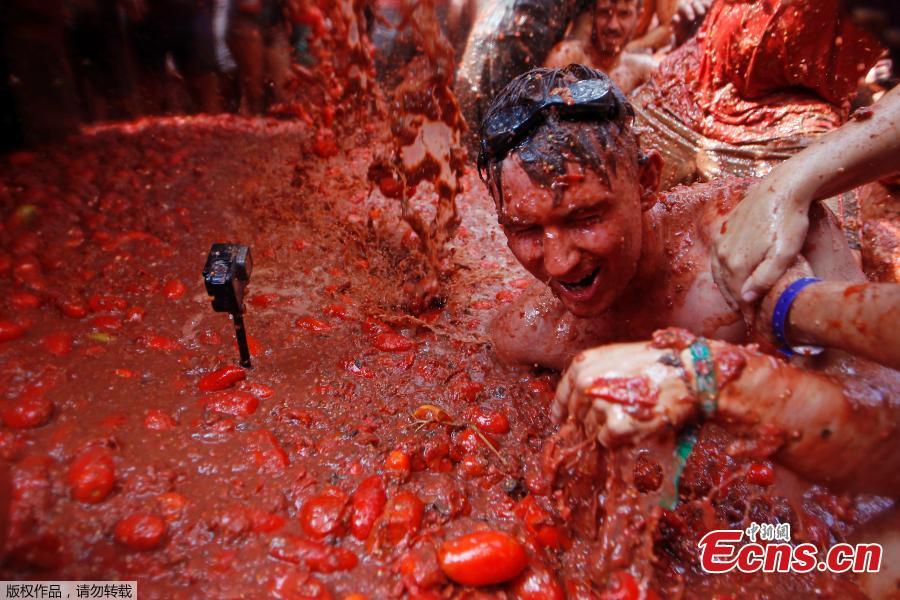 Revellers throw tomatoes during the annual \