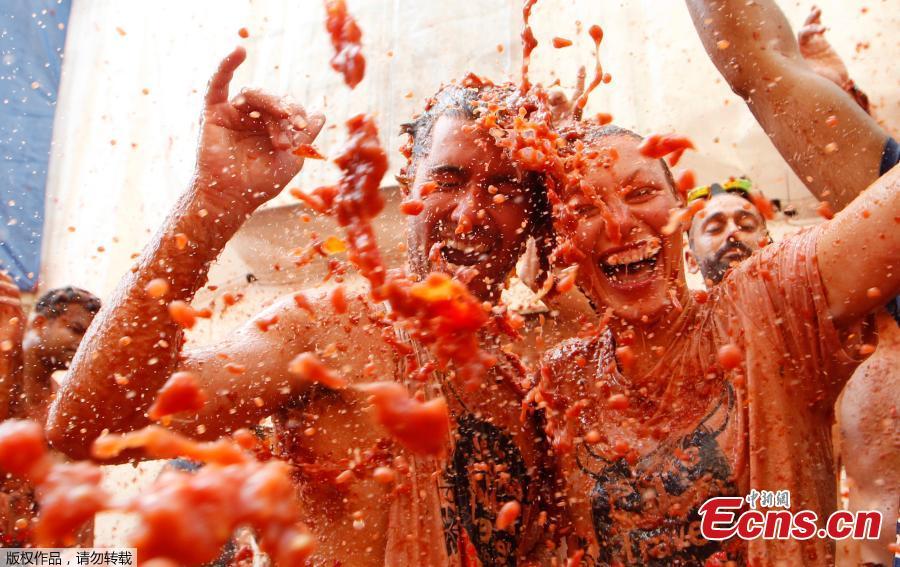 Revellers throw tomatoes during the annual \