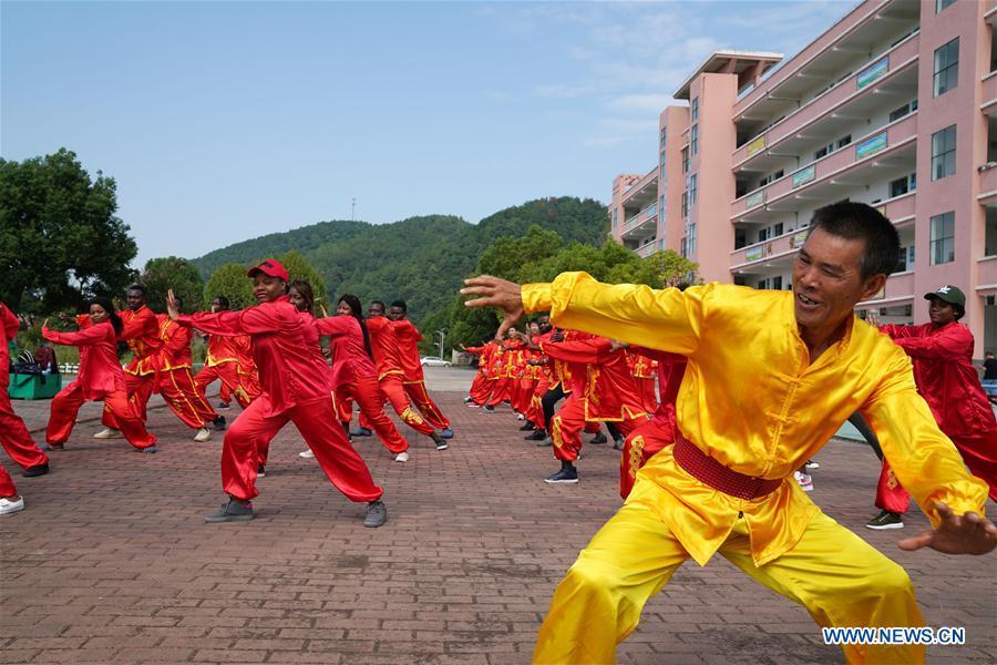 African students learn martial arts in Xinyu, east China\'s Jiangxi Province, Sept. 5, 2018. The Xinyu university set up courses of embroidery and martial arts for African students to learn about Chinese culture as the new semester begins. (Xinhua/Song Zhenping)