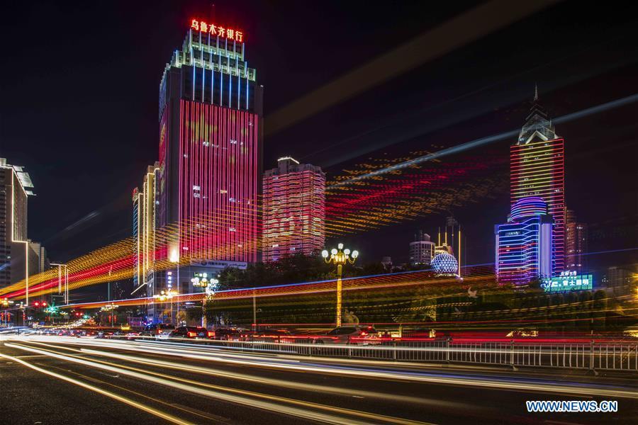 Photo taken on Oct. 9, 2018 shows a night view of Urumqi, capital of northwest China\'s Xinjiang Uygur Autonomous Region. (Xinhua/Guan Tianyu)