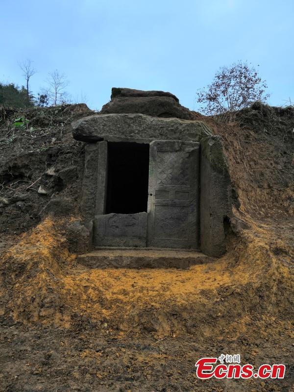 A view of a tomb from the Song Dynasty (960-1279) at Cili Village, Zheng\'an County, Southwest China\'s Guizhou Province. Experts from the Guizhou Provincial Institute of Cultural Relics and Archaeology found a large number of elaborate stone carvings of figures with human bodies and snake or mouse heads at two tombs dating back to the Song Dynasty. Other carvings feature animals and plants thought to be auspicious in Chinese culture. (Photo: China News Service/Min Kai)