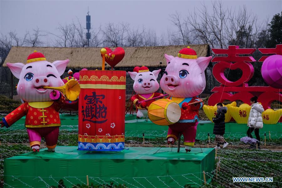 Tourists view pig-themed lanterns in Wuzhen, east China\'s Zhejiang Province, Jan. 28, 2019. A local lantern festival, presenting over 330 lanterns, was held here before the Spring Festival, or the Chinese Lunar New Year, which falls on Feb. 5 this year. (Xinhua/Xu Yu)