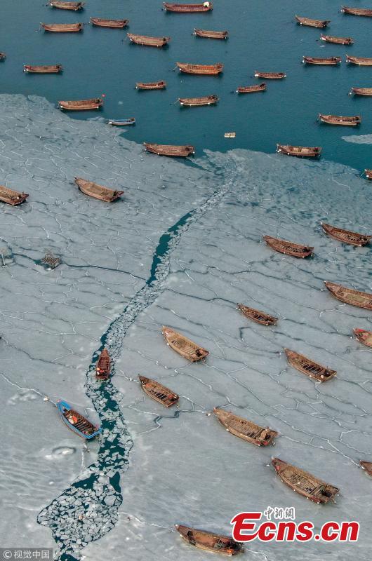 Boats are stranded in frozen sea at a port in Dalian City, Northeast China\'s Liaoning Province amid a cold front. A fisherman had to break ice to transport supplies to a marine fish culture zone. (Photo/VCG)