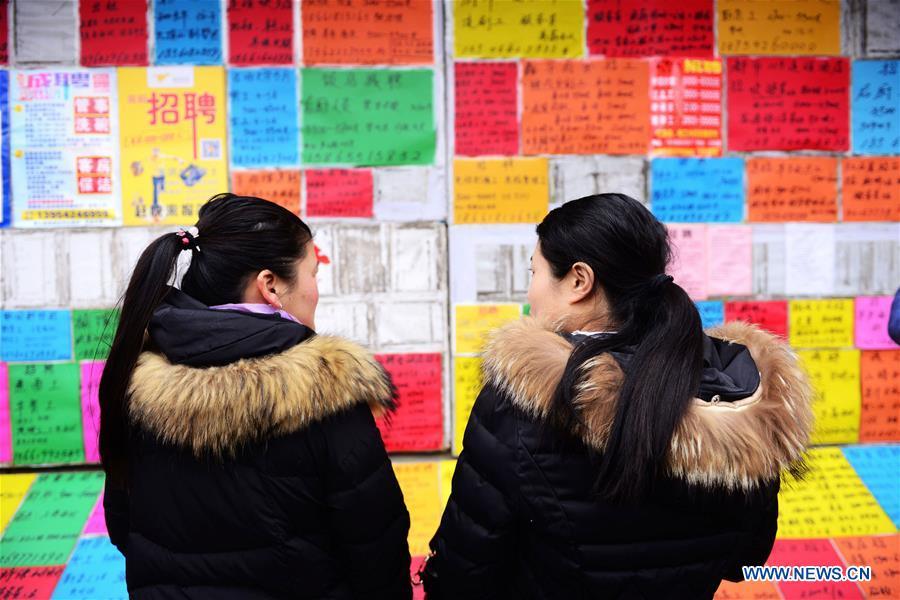 Job seekers are seen on a job fair in Qingdao, east China\'s Shandong Province, Feb. 12, 2019. Job fairs are held in multiple cities in China after the Spring Festival holiday. (Xinhua/Yu Shaoyue)