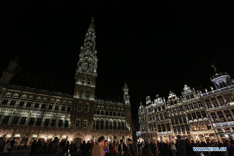 Photo taken on March 30, 2019 shows lights on of the Grand Place prior to the Earth Hour event in Brussels, Belgium. Earth Hour is a global initiative first launched by World Wildlife Fund (WWF) in 2007 and soon became a popular movement worldwide. (Xinhua/Zheng Huansong)