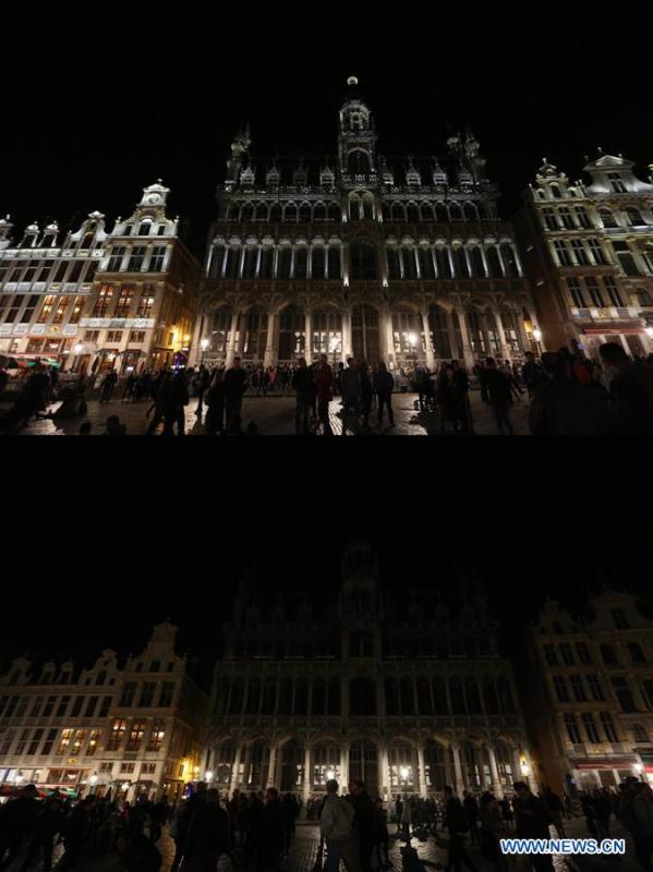 Combo photo taken on March 30, 2019 shows lights on (top) and off of the Grand Place before and during the Earth Hour event in Brussels, Belgium. Earth Hour is a global initiative first launched by World Wildlife Fund (WWF) in 2007 and soon became a popular movement worldwide. (Xinhua/Zheng Huansong)