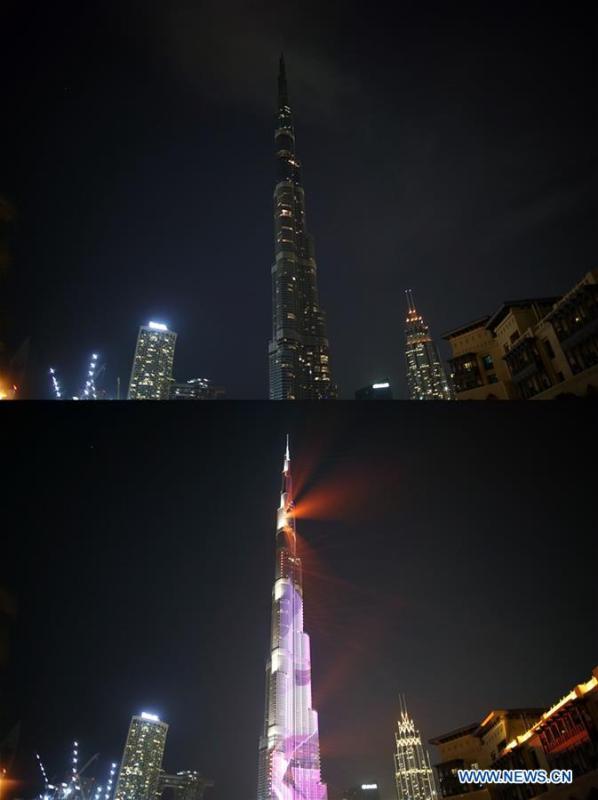 Combo photo taken on March 30, 2019 shows lights on (Bottom) and off of Burj Khalifa, the world\'s tallest building, before and during the Earth Hour event in Dubai, the United Arab Emirates. Earth Hour is a global initiative first launched by World Wildlife Fund (WWF) in 2007 and soon became a popular movement worldwide. (Xinhua/Mahmoud Khaled)