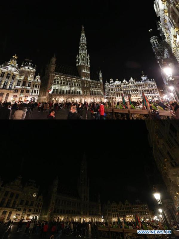 Combo photo taken on March 30, 2019 shows lights on (top) and off of the Grand Place before and during the Earth Hour event in Brussels, Belgium. Earth Hour is a global initiative first launched by World Wildlife Fund (WWF) in 2007 and soon became a popular movement worldwide. (Xinhua/Zheng Huansong)