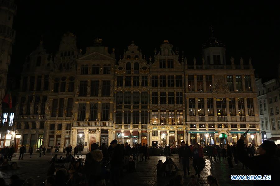 Photo taken on March 30, 2019 shows lights off of the Grand Place during the Earth Hour event in Brussels, Belgium. Earth Hour is a global initiative first launched by World Wildlife Fund (WWF) in 2007 and soon became a popular movement worldwide. (Xinhua/Zheng Huansong)