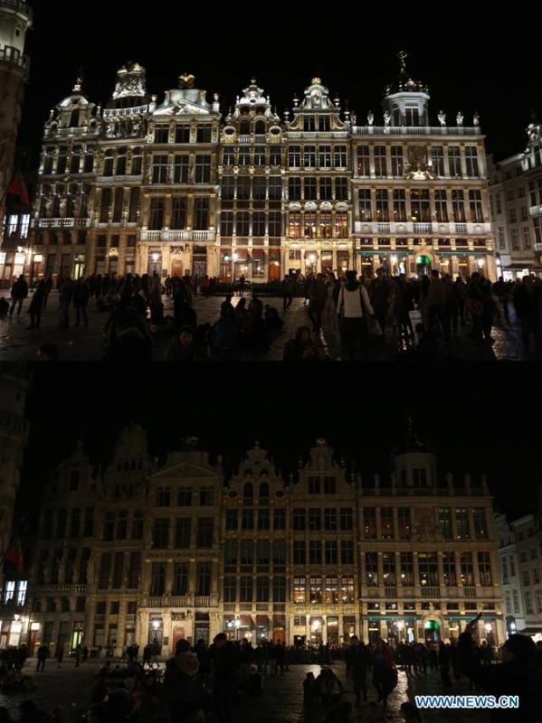 Combo photo taken on March 30, 2019 shows lights on (top) and off of the Grand Place before and during the Earth Hour event in Brussels, Belgium. Earth Hour is a global initiative first launched by World Wildlife Fund (WWF) in 2007 and soon became a popular movement worldwide. (Xinhua/Zheng Huansong)