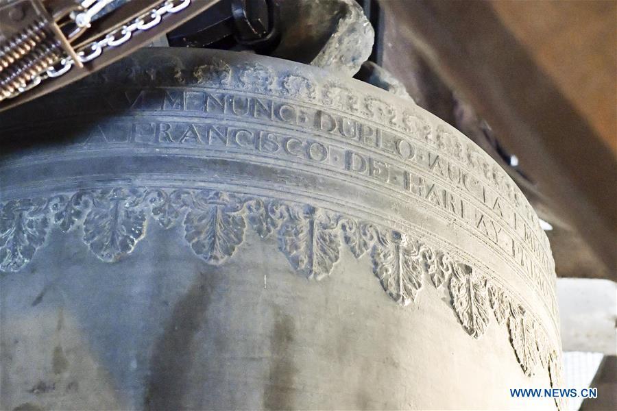 File photo taken on June 30, 2017 shows a bell inside the Notre Dame Cathedral in Paris, France. The devastating fire at Notre Dame Cathedral in central Paris has been put out after burning for 15 hours, local media reported on April 16, 2019. In early evening on April 15, a fire broke out in the famed cathedral. Online footage showed thick smoke billowing from the top of the cathedral and huge flames between its two bell towers engulfing the spire and the entire roof which both collapsed later. Notre Dame is considered one of the finest examples of French Gothic architecture which receives about 12 million visitors every year. (Xinhua/Chen Yichen)