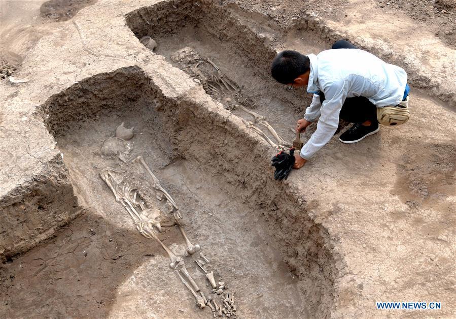 An archaeology staff member cleans a family tomb of bronzeware artisans of the Shang Dynasty in Anyang, central China\'s Henan Province, June 5, 2019. Archaeologists in central China\'s Henan Province said they have identified 42 tombs unearthed since 2017 to be a family tomb of bronzeware artisans dating back over 3,000 years. (Xinhua/Li An)
