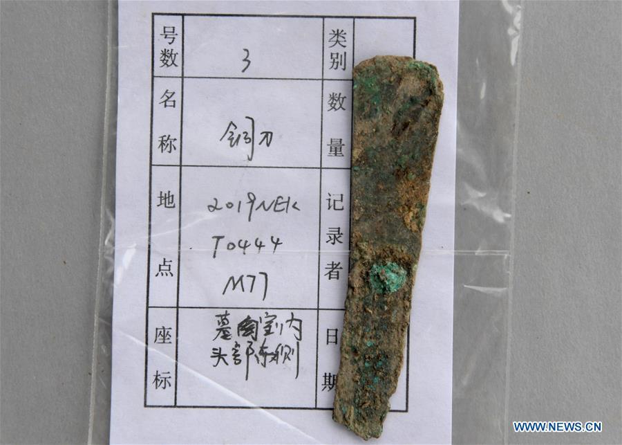 A copper knife unearthed from the family tomb of bronzeware artisans of the Shang Dynasty is displayed in Anyang, central China\'s Henan Province, June 5, 2019. Archaeologists in central China\'s Henan Province said they have identified 42 tombs unearthed since 2017 to be a family tomb of bronzeware artisans dating back over 3,000 years. (Xinhua/Li An)