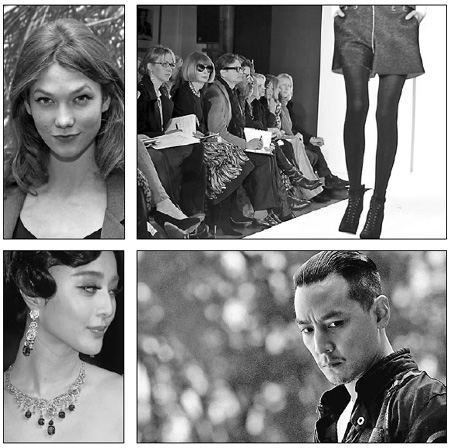 Clockwise from top right: Wintour (second from left) tours the catwalks of the world. Chinese actor Daniel Wu, actress Fan Bingbing and US supermodel Karlie Kloss feature in the bumper September editi