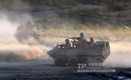 An all-terrain assaulting and rescuing vehicle is seen at a military drill.