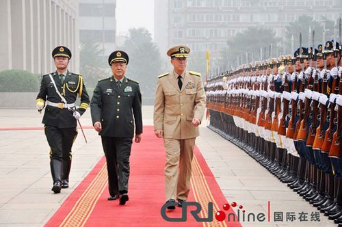 Chen Bingde, chief of the General Staff of the Chinese People's Liberation Army (PLA), welcomes Mike Mullen, chairman of the U.S. Joint Chiefs of Staff in Beijing on July 11, 2011.