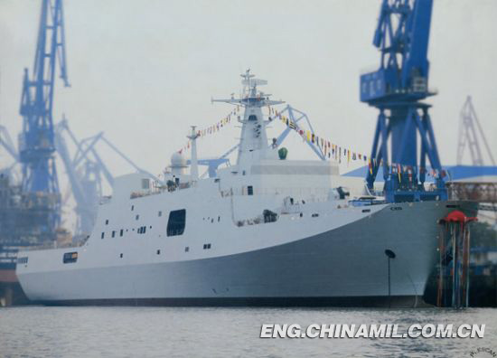 The picture features the Jinggangshan amphibious dock landing ship that was launched in the China Shanghai Shipbuilding Cooperation, LTD.