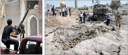 Left: A fighter mans a mounted gun in the Salaheddin district of the restive Syrian city of Aleppo on July 29. Right: A bomb crater in a Damascus street.