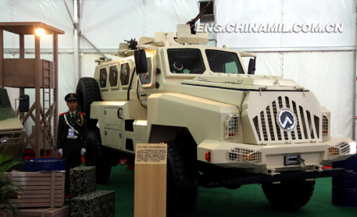 A 4x4 wheeled mine-resistant and ambush-protected vehicle (MRAPV) shown during the exhibition. (chinamil.com.cn/Qiao Tianfu)