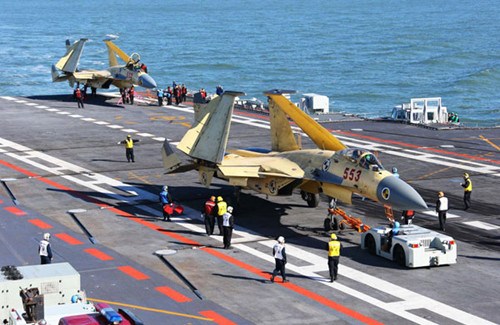 A J-15 fighter jet on China's first aircraft carrier, the Liaoning. [Undated photo/Xinhua]