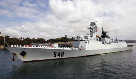 Yi Yang, one of the three visiting Chinese navy ships, enters a port in Sydney, Australia, on Dec 18, 2012. Three Chinese navy ships returning home from counter-piracy operations in the Gulf of Aden have arrived in Sydney as part of a four day port visit,