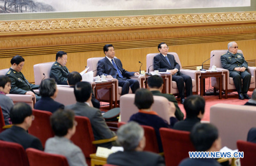 Jia Qinglin, chairman of the National Committee of the Chinese People's Political Consultative Conference (CPPCC), attends a symposium marking the centenary of the birth of former general Hong Xuezhi in Beijing, capital of China, Feb. 1, 2013. Hong was a former member and deputy secretary-general of the Central Military Commission (CMC), former head of the General Logistics Department of the People's Liberation Army (PLA), a vice chairman of the Seventh and Eighth National Committees of the CPPCC. (Xinhua/Li Tao)